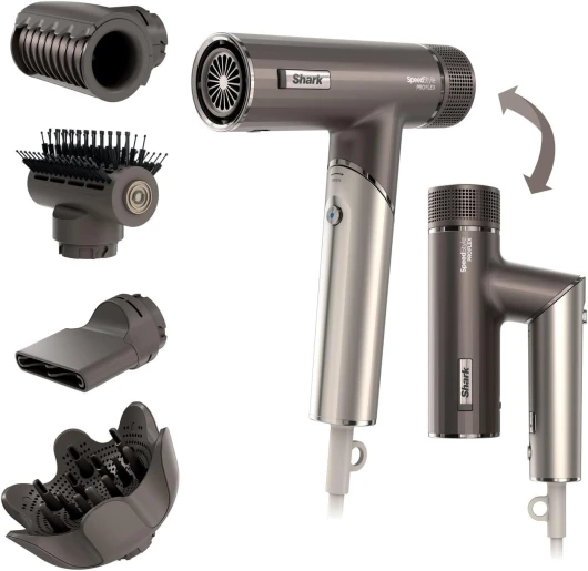 Sèche-cheveux SpeedStyle Pro FLEX ultra-performant et ultra-rapide, 4 embouts de coiffage, léger, ionique, sans dommage thermique, poignée pliable, tous types de cheveux, Moka Argent HD542EU