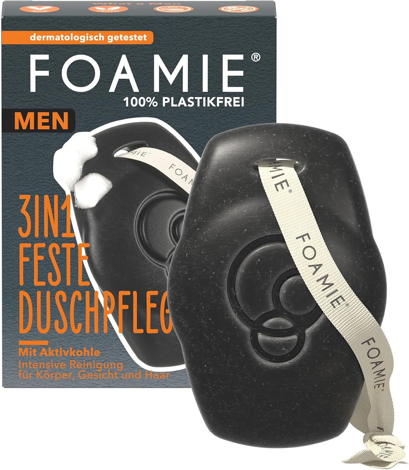 Foamie Men 3en1 Gel Douche Solide & Shampooing – Avec Charbon Actif & Bois de Rose – Pour corps, visage & cheveux – Nettoyage en profondeur, parfum boisé – Vegan, sans plastique & pH-neutre, 70 g