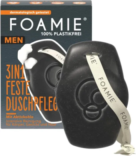 Foamie Men 3en1 Gel Douche Solide & Shampooing – Avec Charbon Actif & Bois de Rose – Pour corps, visage & cheveux – Nettoyage en profondeur, parfum boisé – Vegan, sans plastique & pH-neutre, 70 g