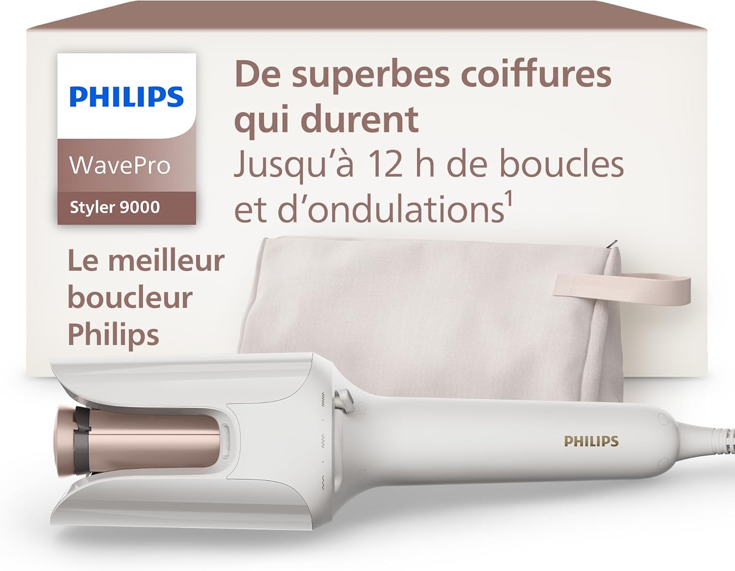 WavePro 9000 – technologie SenseIQ et cylindre réglable pour boucles et ondulations, modelage des mèches à 360° pour un style qui dure, pochette beauté, coloris blanc, modèle BHB968/10