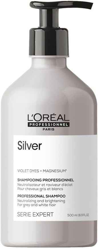L'Oréal Professionnel, Shampoing Violet Déjaunissant & Raviveur d'Éclat, Cheveux Blancs ou Gris, Elimine les Reflets Jaunes et Cuivrés, Apporte Douceur & Brillance, Silver, Serie Expert Shampoing - 500 ml