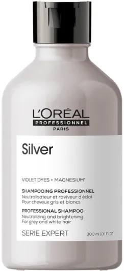 L'Oréal Professionnel, Shampoing Violet Déjaunissant & Raviveur d'Éclat, Cheveux Blancs ou Gris, Elimine les Reflets Jaunes et Cuivrés, Apporte Douceur & Brillance, Silver, Serie Expert Shampoing - 300 ml