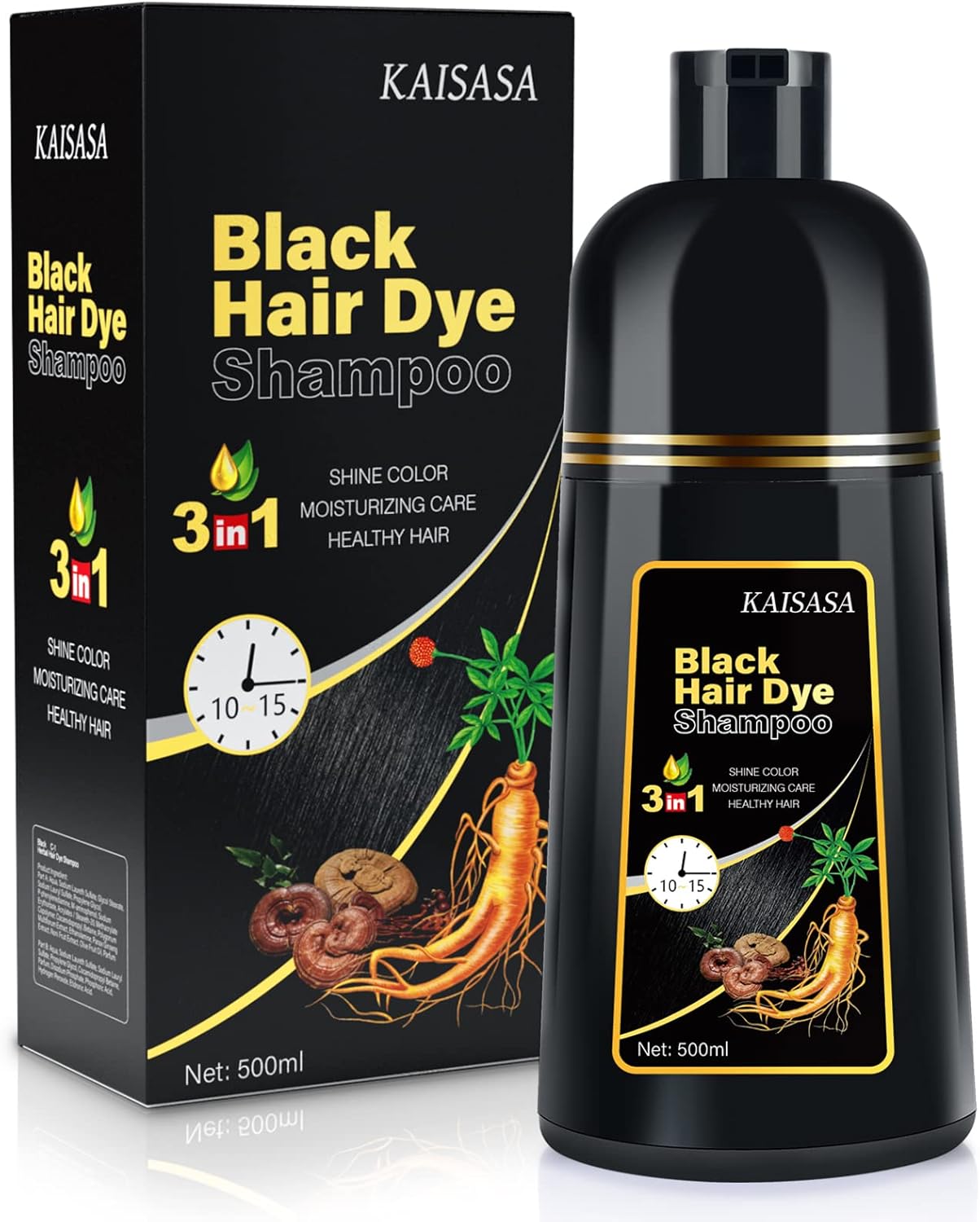 Shampoing Colorant Noir 3 en 1, Naturel Cheveux Blancs, Shampooing Teinture Instantanée pour Cheveux, Shampoing Couleur fur Femme Homme