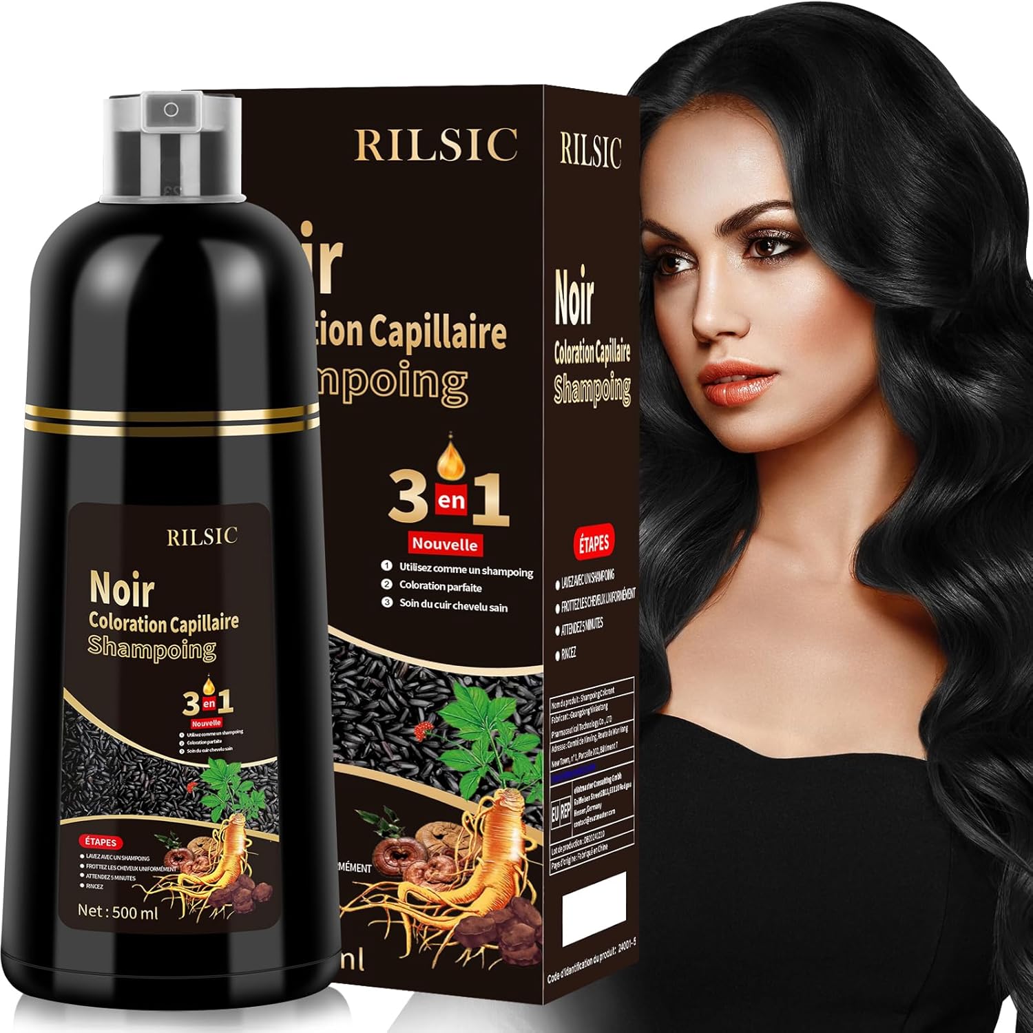 Shampoing Colorant Noir, 500ml Shampooing Teinture Cheveux Blancs, Black Hair Dye Shampoo 3 in 1, Shampoing Cheveux Colorés Instantanée, Coloration Noir, Teinture Femme Homme