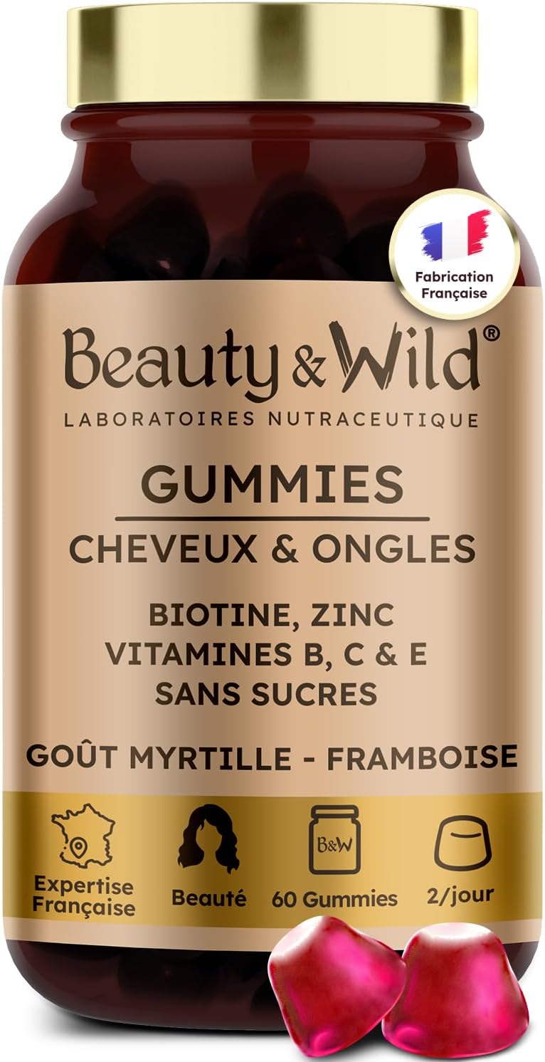 Gummies Cheveux et Ongles – Biotine, Zinc, Vitamines B6, B9, C, D3, E – 60 Gummies Sans Sucres – Croissance cheveux, Fortification, cheveux Brillants – Goût Myrtille Framboise – Fabriqué en France