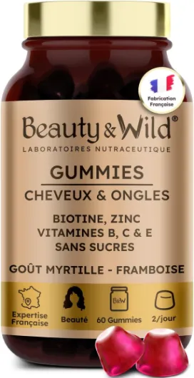 Gummies Cheveux et Ongles – Biotine, Zinc, Vitamines B6, B9, C, D3, E – 60 Gummies Sans Sucres – Croissance cheveux, Fortification, cheveux Brillants – Goût Myrtille Framboise – Fabriqué en France