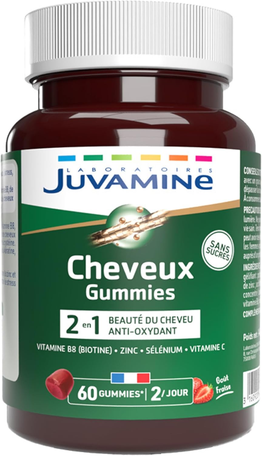 Gummies Cheveux 2-en-1 - Beauté et Santé du cheveu - Antioxydant - Sélénium - Vitamine B8 - Zinc - Vitamine B6 - Vitamine C - 30 jours - 60 Gummies - Goût Fraise - Fabriqué en France