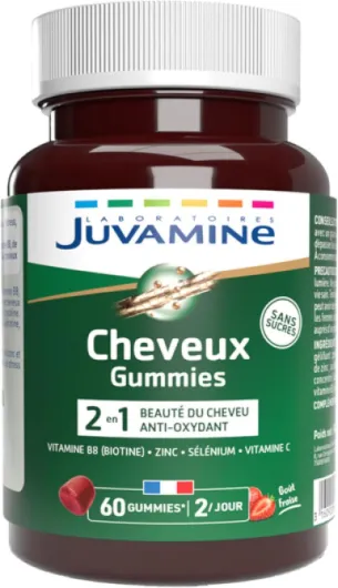 Gummies Cheveux 2-en-1 - Beauté et Santé du cheveu - Antioxydant - Sélénium - Vitamine B8 - Zinc - Vitamine B6 - Vitamine C - 30 jours - 60 Gummies - Goût Fraise - Fabriqué en France