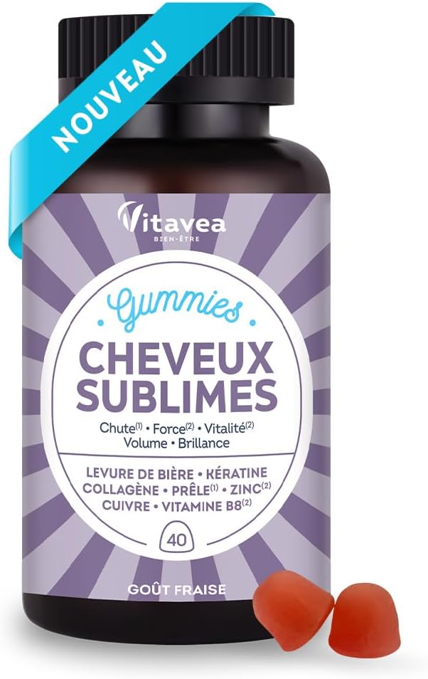 Vitavea Bien-être - Gummies Cheveux Sublimes - Favorise la Pousse - Biotine, Levure de Bière, Kératine, Zinc, Collagène - Anti-Chute, Volume, Brillance - 40 Gummies Fruits Rouges