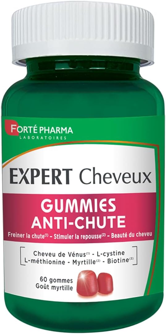 Expert Cheveux Gummies Anti-Chute - Gummies Cheveux - Chute de Cheveux - Goût Myrtille - Freine la chute & stimule la Repousse - Tous Types de Chutes - 60 gommes à mâcher = 1 mois Myrtille 1 unité (Lot de 1)