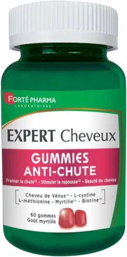 Expert Cheveux Gummies Anti-Chute - Gummies Cheveux - Chute de Cheveux - Goût Myrtille - Freine la chute & stimule la Repousse - Tous Types de Chutes - 60 gommes à mâcher = 1 mois Myrtille 1 unité (Lot de 1)