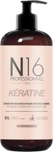 Crème réparatrice Bio Kératine N16 Professionnel - Réparateur -Certifié Cosmos Organic ECOCERT - Sans Sulfate Parabène - Marque Française - 350ml