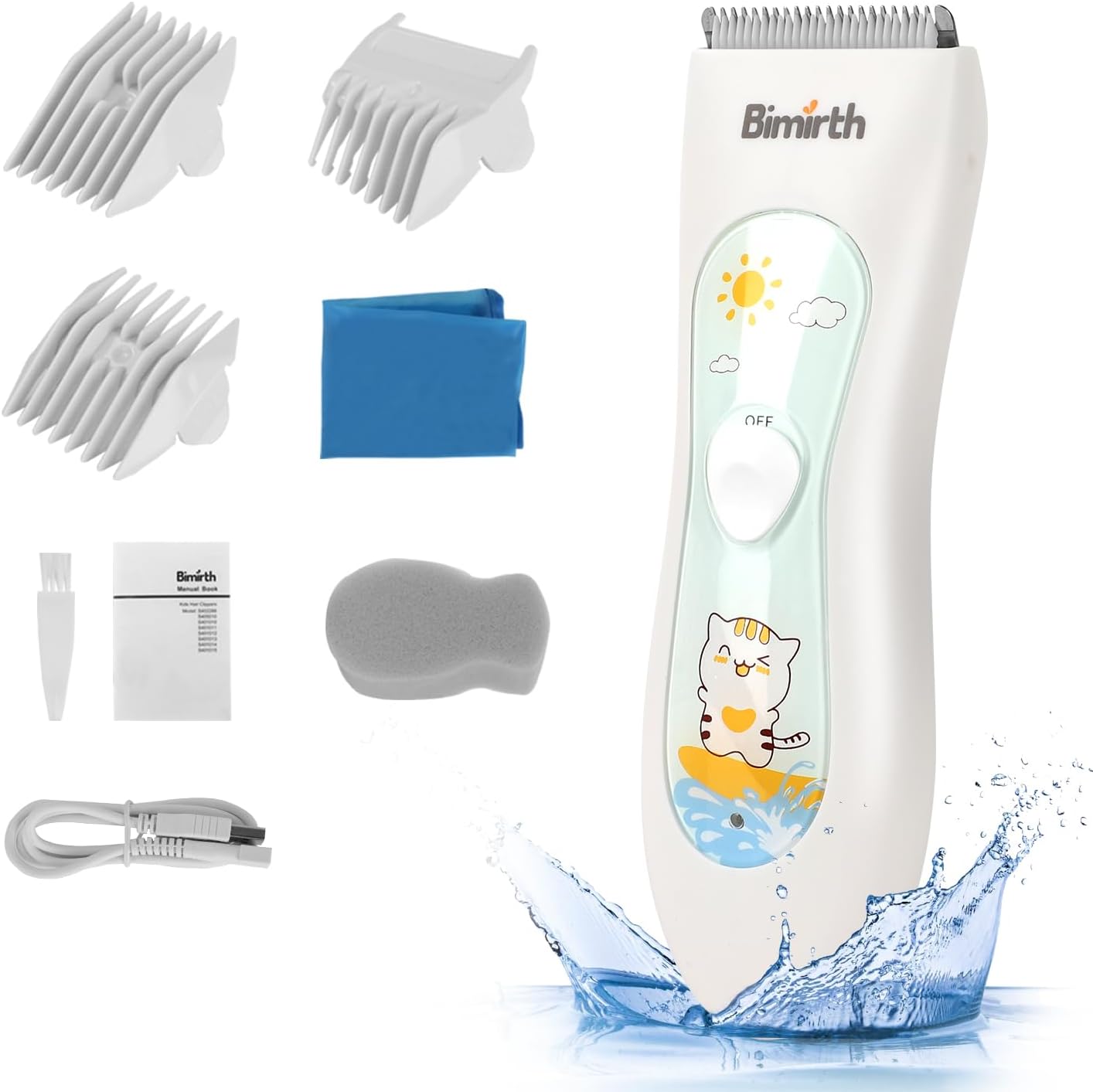 Tondeuse à cheveux électrique Bimirth - Pour bébé - Silencieuse - Sans fil - Câble USB - Rechargeable - Avec lame en céramique de sécurité - Étanche - 3 peignes de protection Blanc-s11