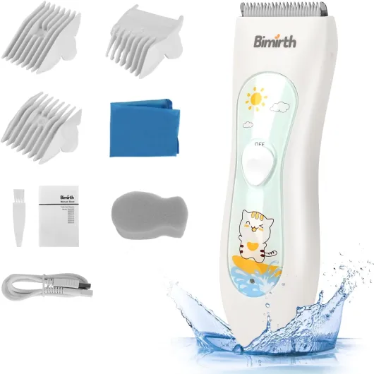 Tondeuse à cheveux électrique Bimirth - Pour bébé - Silencieuse - Sans fil - Câble USB - Rechargeable - Avec lame en céramique de sécurité - Étanche - 3 peignes de protection Blanc-s11