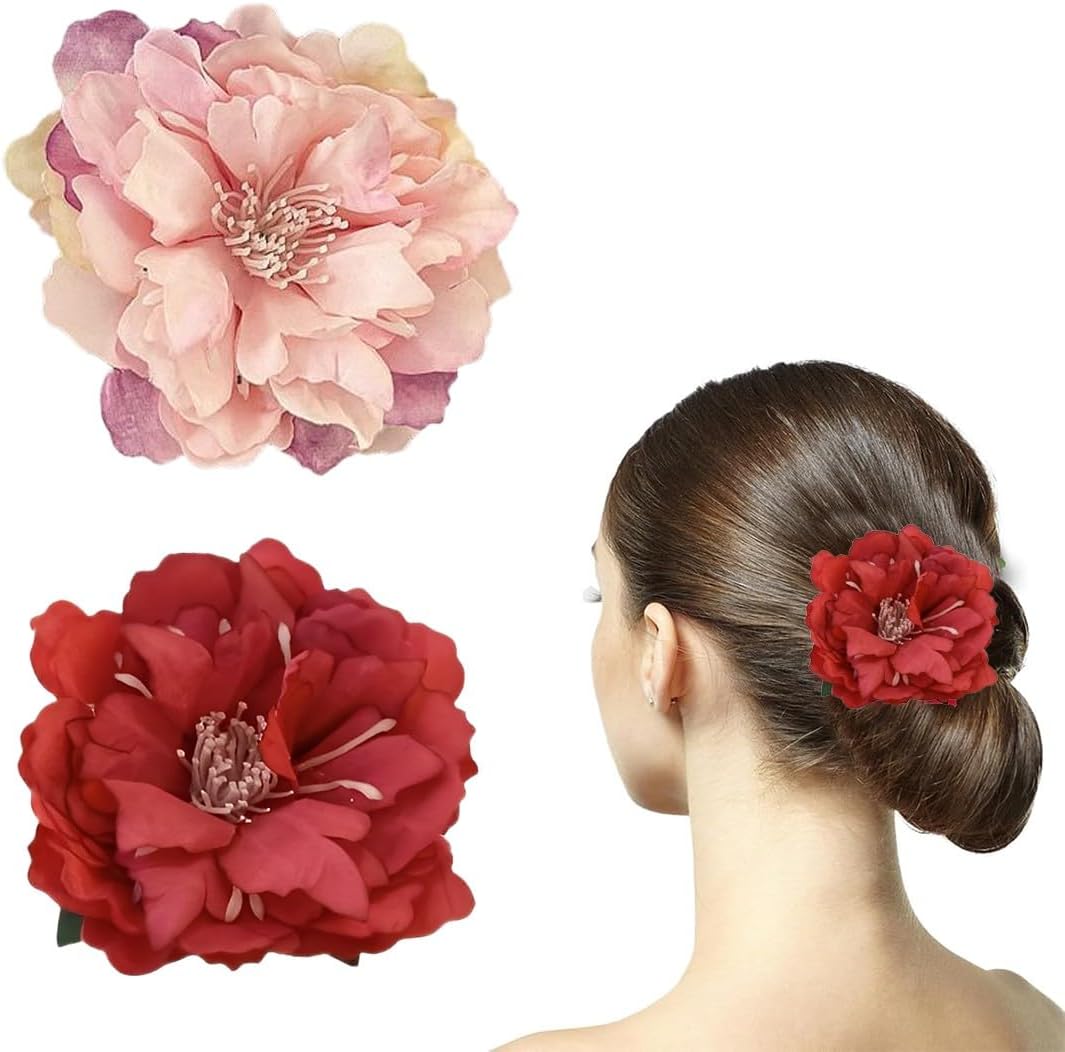 2 Pcs Fleur Pour Cheveux,Épingles à Cheveux En Forme, Broche Corsage,Style Flamenco,Pour Coiffure De Mariée,Accessoires Clip Cheveux Pour Femme,Décoration De Fête Noël Mariages(Rouge/Rose)