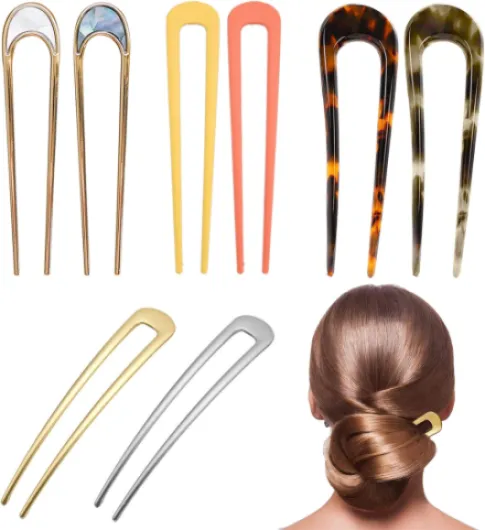 VEGCOO 8 Pcs Épingles à Cheveux U Bâton, Piques à Cheveux Tortue en Acétate de Cellulose, Français Épingle à Cheveux en Métal Broches Épingles à Chignon pour Femmes Filles