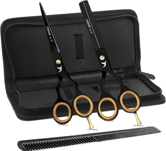 Ciseaux Coiffure Professionnel Set Coupe de Cheveux Amincissement Acier Inoxydable Désépaissir & Sculpteur Effiler Peigne de Coiffure pour Hommes, Femmes et Enfants 5.5" (Noir - 6,5") Noir - 6,5" 6,5"