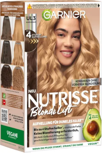 Nutrisse Blonde Lift Éclaircissant pour cheveux foncés en marron miel avec 4 niveaux d'éclaircissement sans décoloration préalable