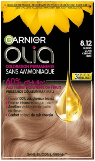 Olia - Coloration Permanente - Sans Ammoniaque - 60% d'Huiles Naturelles de Fleurs - Préserve la Qualité des Cheveux - Cheveux Doux et Brillants - Blond Cendré Irisé (8.12) - 120g 8.12 BLON CLAIR CENDRE IRISE