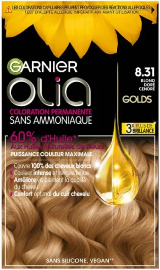 Coloration Permanente - Sans Ammoniaque - Aux Huiles Naturelles de Fleurs - Blond Doré Cendré (8.31) - Olia 8.31 BLOND DORE CENDRE
