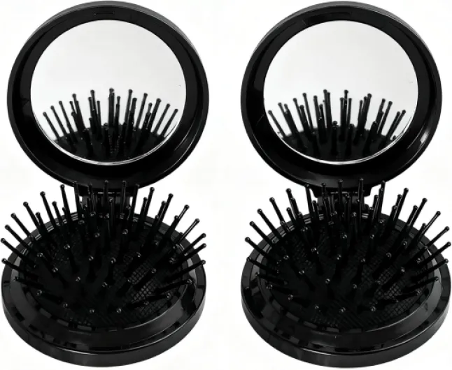 2 Pièce Brosse Cheveux Voyage, Peigne de Voyage Pliante Ronde, Mini Peigne à Cheveux Miroir de Poche pour Femmes, Hommes, Reduces Flyaways, Masser le Cuir Chevelu(Blak) Noir
