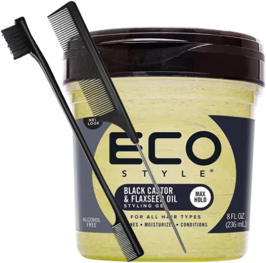 Eco Style Gel coiffant noir à l'huile de ricin et de lin 236,8 g avec peigne pour queue et brosse à bords – Tenue et brillance maximales - Gel capillaire fortifiant et hydratant pour tous les types de