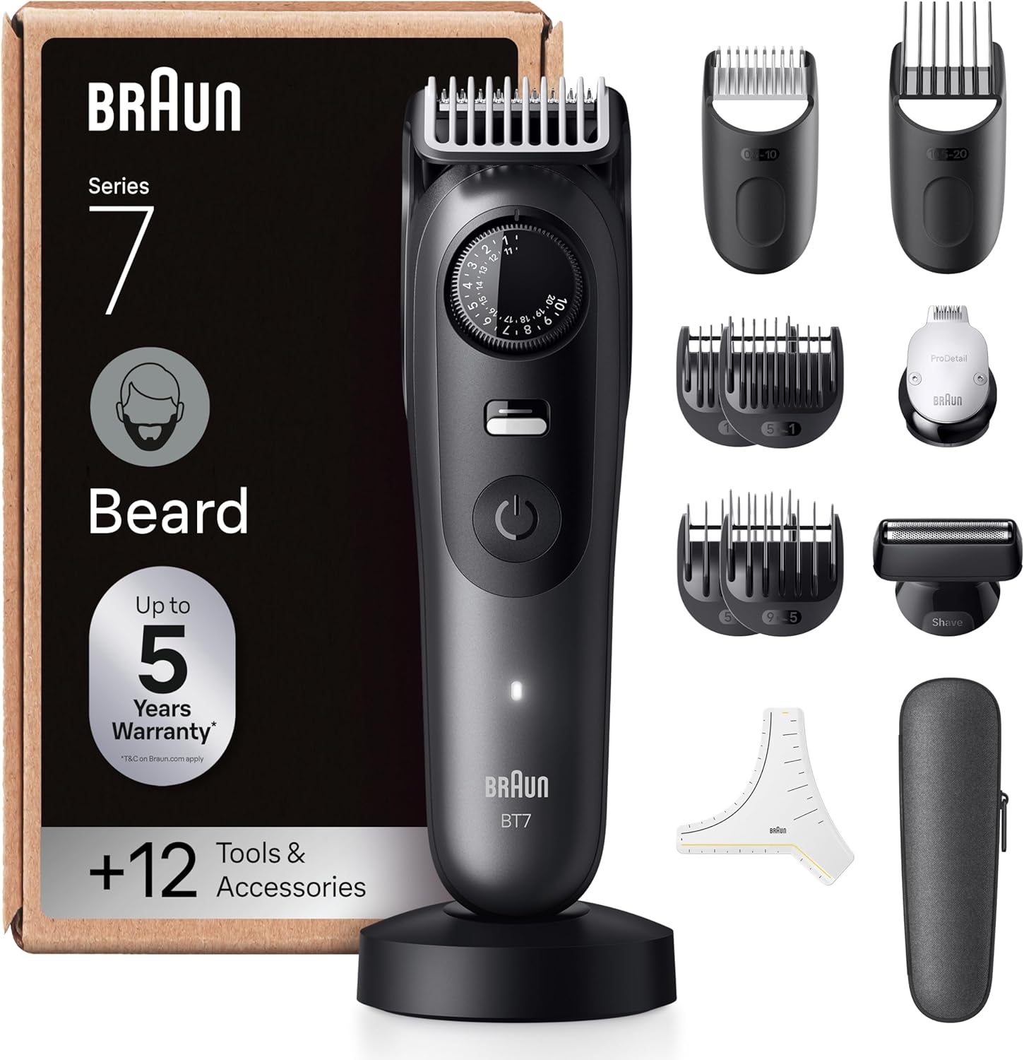 Tondeuse À Barbe Series 7, + 12 Outils de Barbier, Lame ProBlade Affûtée Et Inusable, Jusqu'à 120 Min D'autonomie, 40 Longueurs, Étanche, Molette De Précision Et Verrouillage, BT7545, Gris Braun 7 BT7545