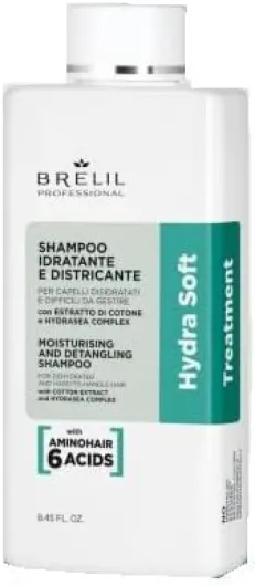 Brelil Professional Shampooing Hydra Soft - Hydratant et démêlant avec Aminohair 6 acides - Pour cheveux déshydratés et secs - Avec extrait de coton et complexe Hydrasea - 250 ml