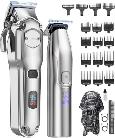 Tondeuse à cheveux professionnelle & T-lames Trimmer Set pour hommes, Tondeuse cheveux, Tondeuse à barbe, Tondeuse à cheveux électrique IPX7 étanche à l'eau Argenté