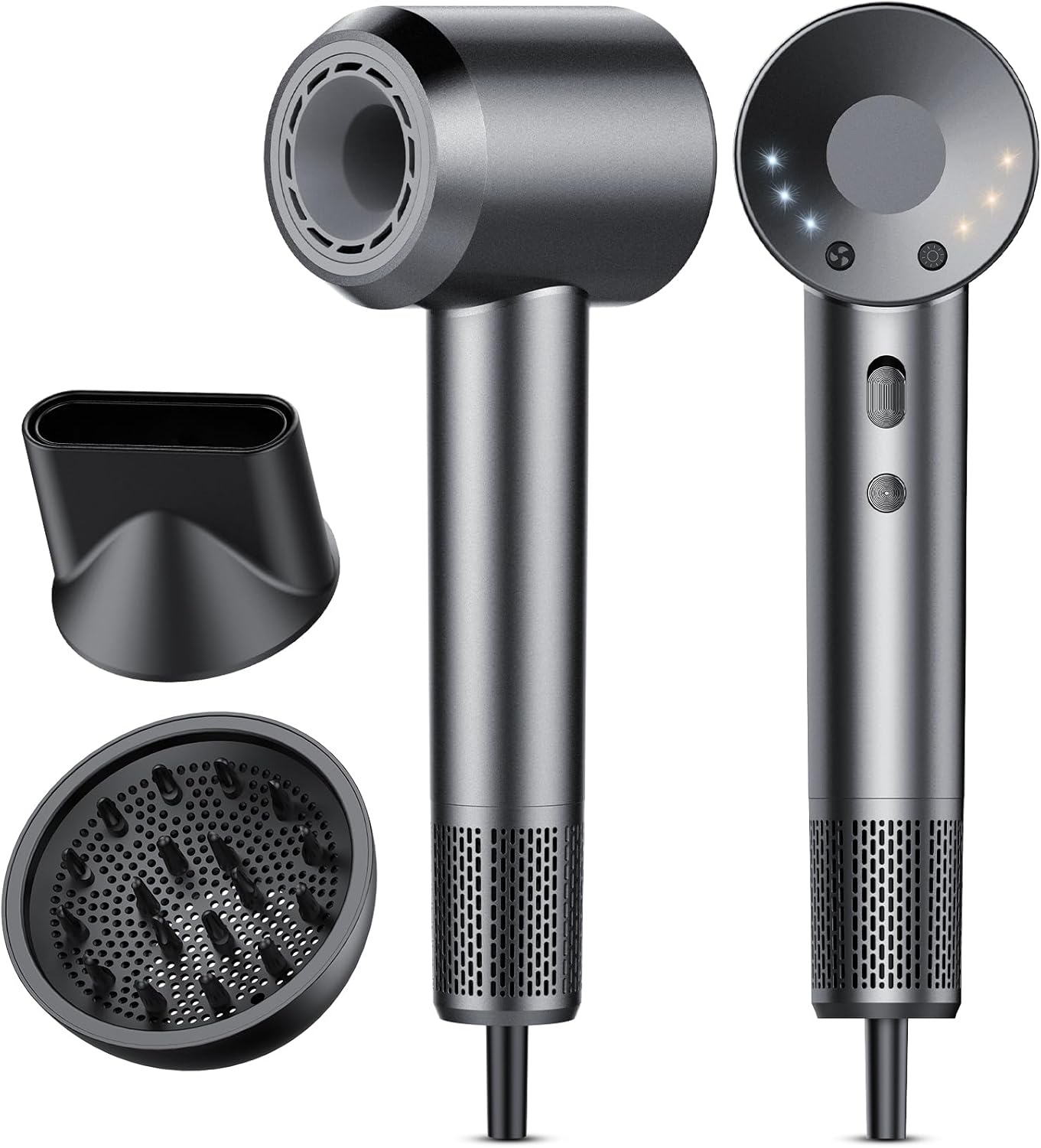 Sèche Cheveux Professionnel Portable 160 000 tr/min Seche Cheveux Ionique avec 5 Milliards d'Ions Négatifs 4 Températures & 3 Vitesses, Faible Bruit Diffuseur Magnétique et Buse Inclus Gris