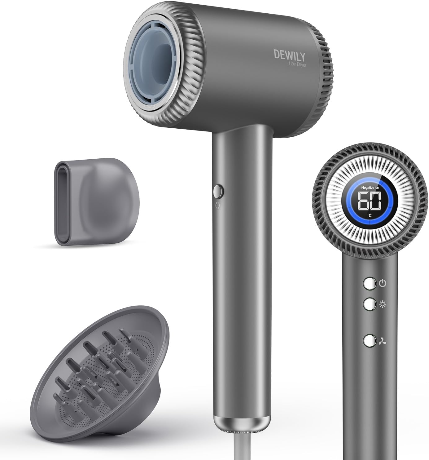 Sèche-cheveux ionique, avec diffuseur magnétique, moteur sans balais de 110 000 tr/min, séchage rapide, de voyage, 300 millions d'ions négatifs, gris Gris Classique