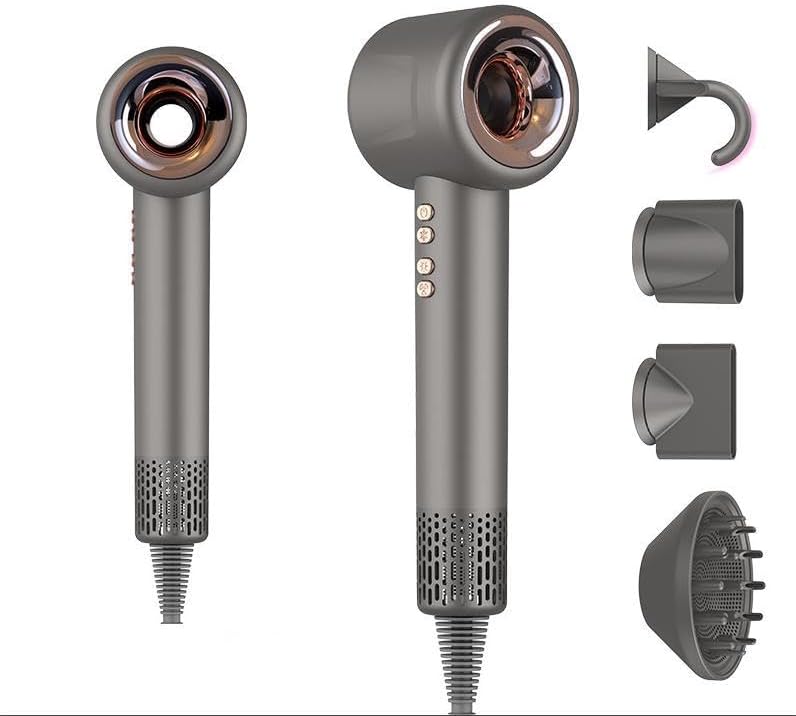 Sèche-cheveux ionique compact et puissant avec diffuseur pour boucles, air froid, brushing et coiffure professionnelle - Silencieux, léger, multifonction, Garantie 2 ans - Accessoires inclus - Gris