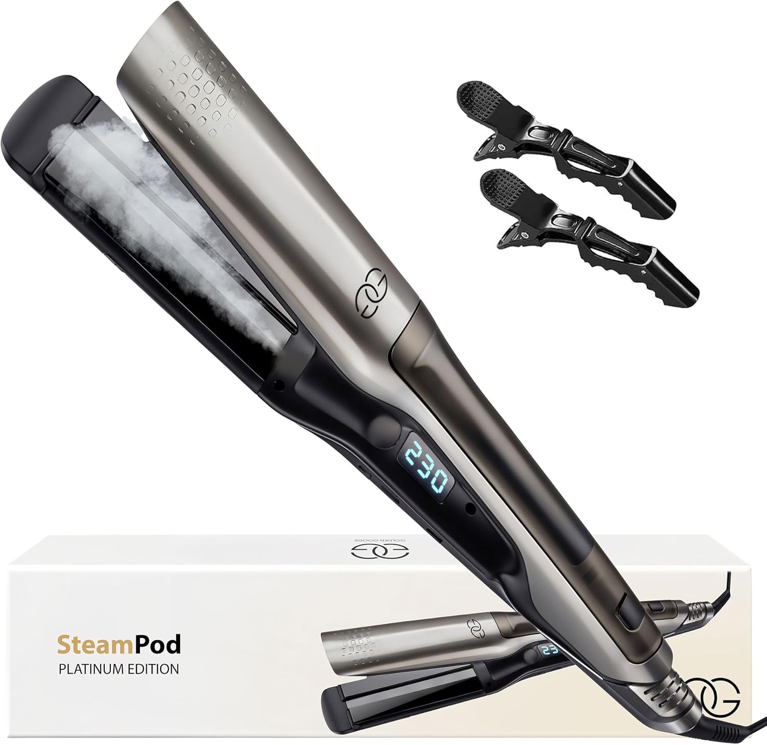 Lisseur Cheveux Platinum Golden Goods Steampod Pro, Lisseur Vapeur puissante, Fer a Boucler 10 réglages de température jusqu'à 230ºC, Tous types de cheveux Céramique et ionique, Lisseur Cheveux