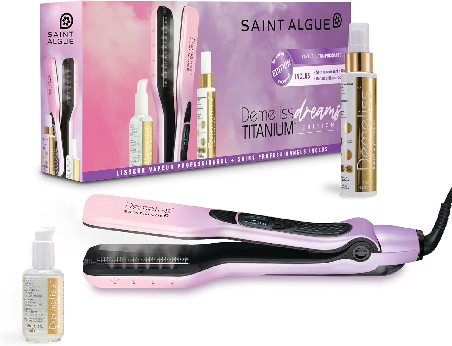 Coffret Lisseur Vapeur Titanium DREAMS EDITION - Soin Keratine 100ml, Élixir de Brillance 50ml Inclus - Lissage Haute Performance, Hydratation Intense - Pour Tous Types Cheveux Rose - avec Soins