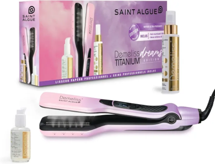 Coffret Lisseur Vapeur Titanium DREAMS EDITION - Soin Keratine 100ml, Élixir de Brillance 50ml Inclus - Lissage Haute Performance, Hydratation Intense - Pour Tous Types Cheveux Rose - avec Soins
