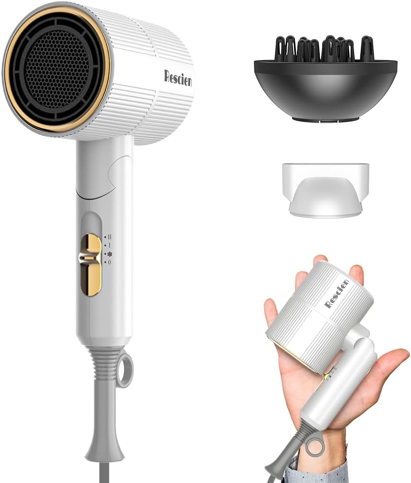 Sèche-cheveux ionique RESCIEN 2000W avec Concentrateur & diffuseur [Petit/Pliable/2026 neuf- 10 x 7 x 19cm/250g] Sèche-cheveux de voyage, Hair Dryer séchage rapide, utilisable en salon (Blanc)
