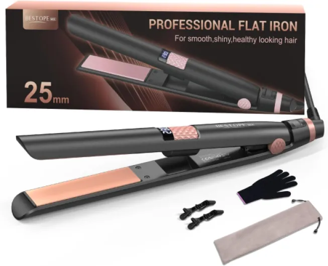 BESTOPE MIX Lisseur Cheveux, 25MM Lisseur 2 in 1 Revêtement Céramique Écran LCD, Fer à lisser Chauffage Rapide pour les Cheveux épais, crépus et longs, Plaque Cheveux 80-230°C Rose et Noir