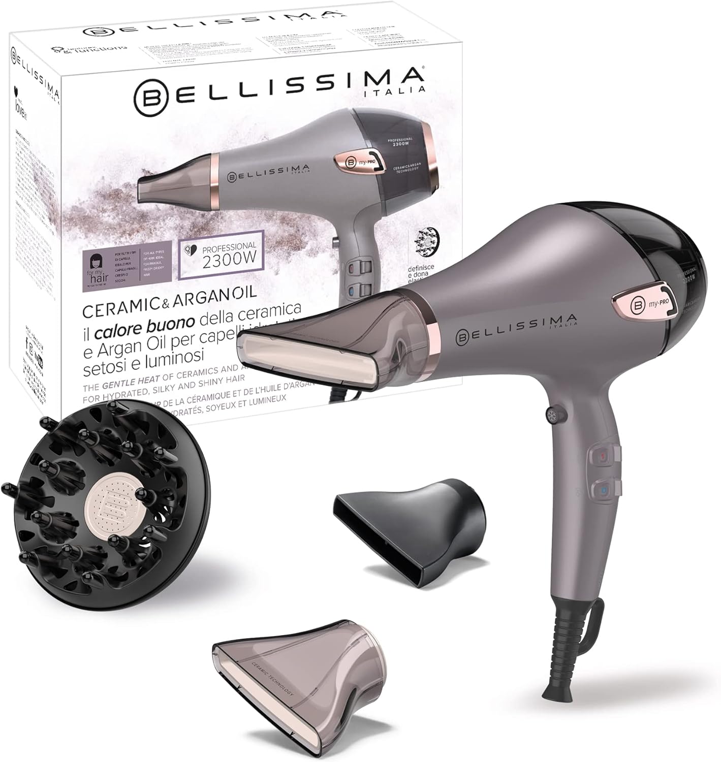 Sèche Cheveux Professionnel Ionique Céramique et Huile d'Argan - Embout Étroit, Diffuseur Céramique - 3 Températures, Séchage Professionnel Cheveux Doux, Soyeux et Hydratés - 2300 W Céramique & Huile d'Argan