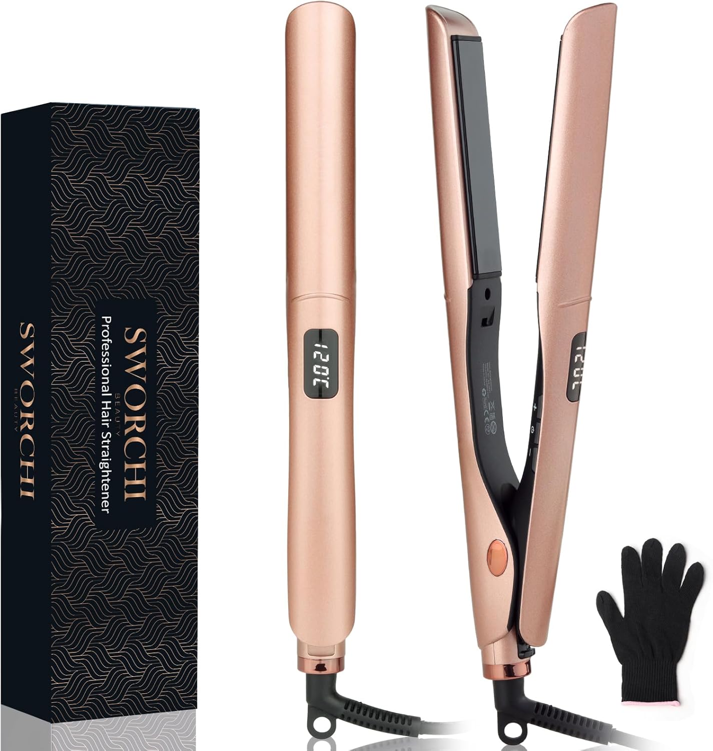 Lisseur Cheveux SWORCHI Fer a Lisser 2 en 1 Lisseur Boucleur Céramique Plaque Cheveux Température Réglable 120°C-230°C avec LED Hair Straightener pour Cheveux épais Bouclés et Longs Rose Gold