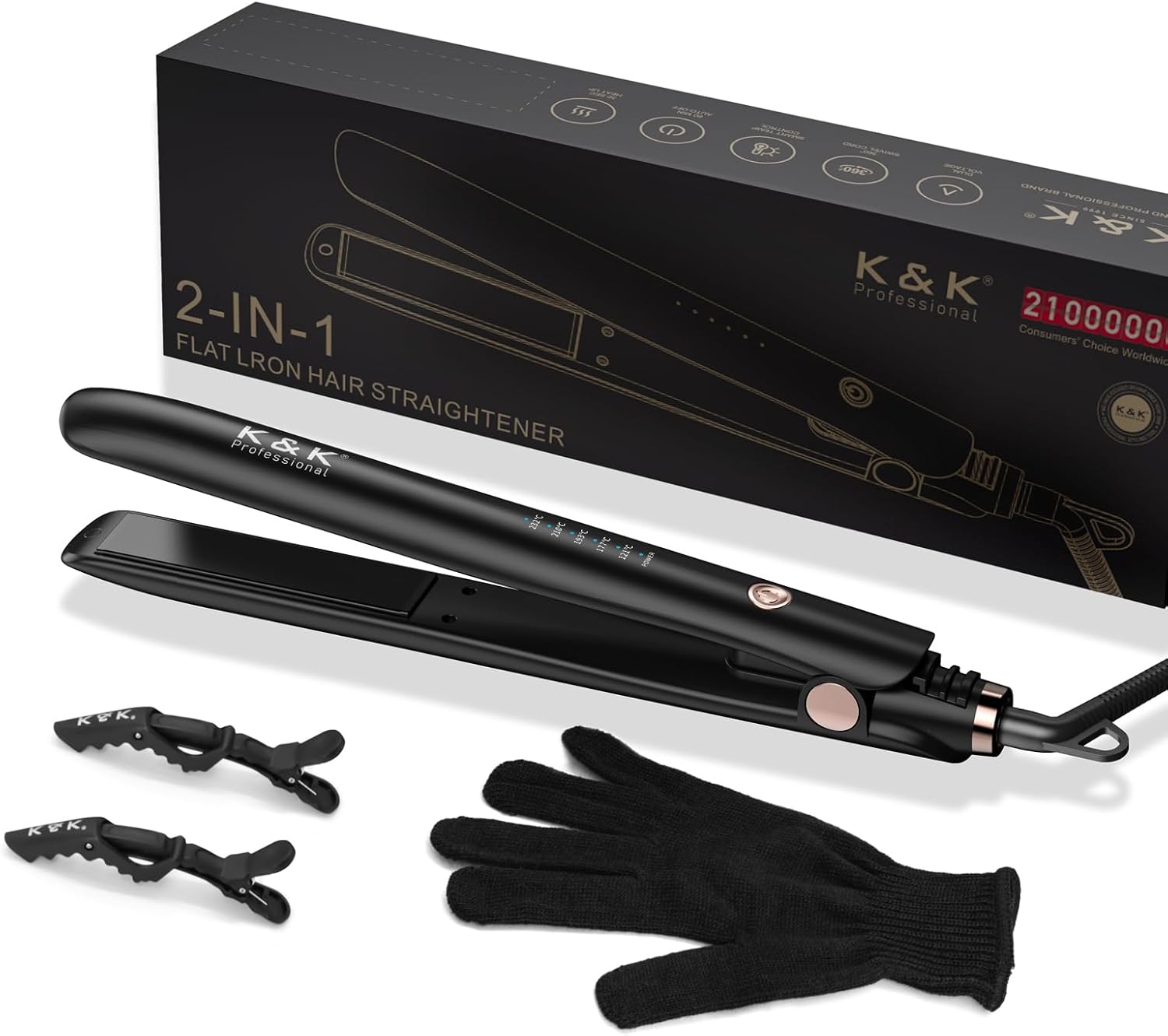 K&K Lisseur Cheveux, 2 en 1 Lisseur Boucleur Cheveux Antistatique Revêtement Céramique, Écran LED, Fer à lisser Chauffage rapide pour cheveux épais, crépus et très longs, 120-230°C Noir