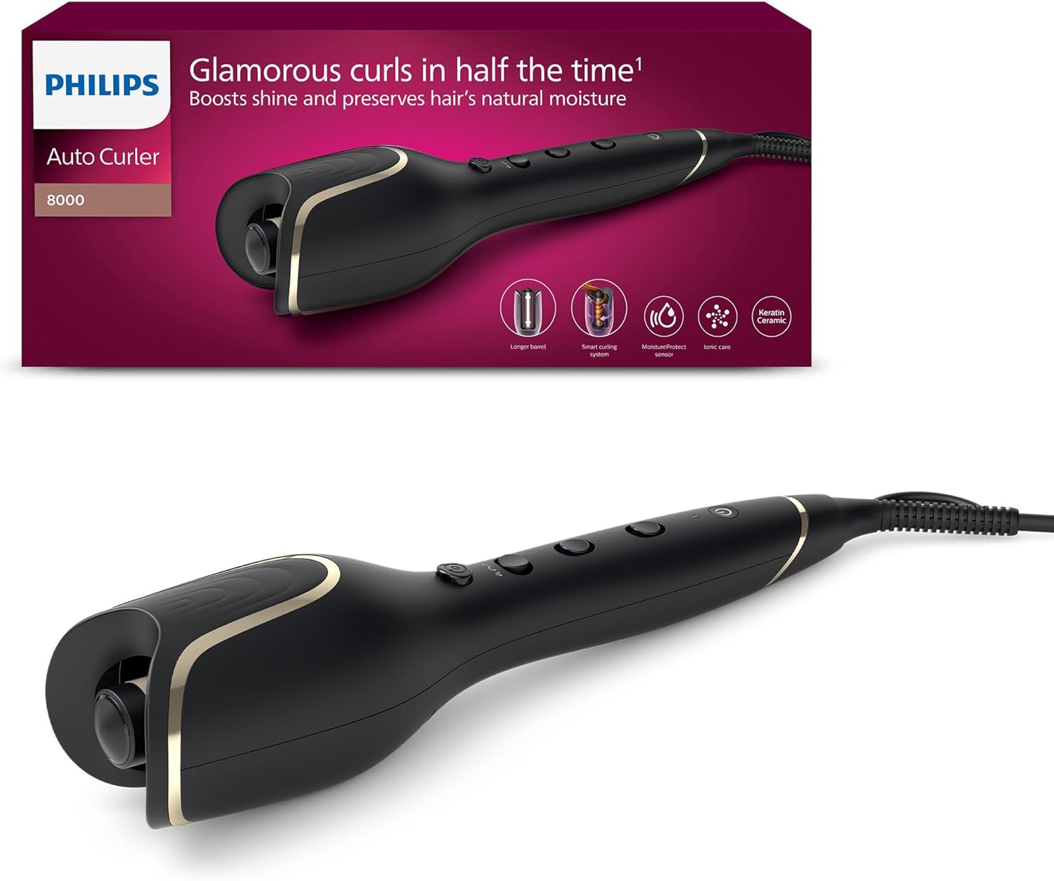 Série 8000 - boucleur automatique, 27 options de style différentes, noir, modèle BHB876/00 MoistureProtect Auto-Curler Black