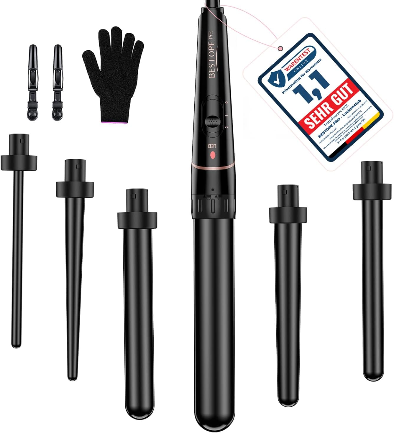 Set de Fer à Boucler pour Cheveux, BESTOPE PRO 6 en 1 Boucleur a Cheveux (10-32mm), Chauffage Rapide (30s), 2 Températures pour Tous les Types de Cheveux, Extinction Automatique en 60min Noir