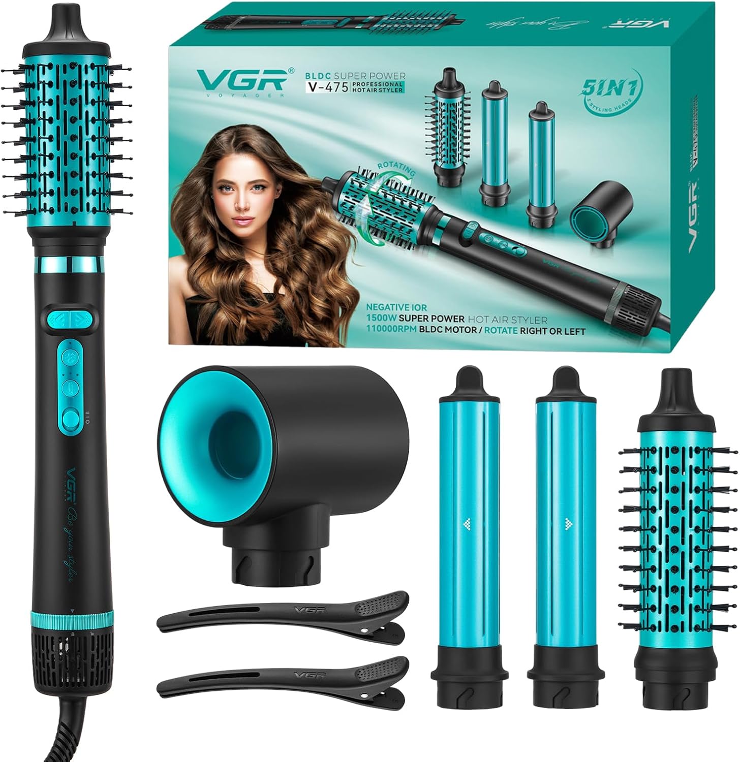 475 5 en 1 Multi Styler Brosse Soufflante Ionique, Set Air Styler & Hair Styler avec Boucleur Automatique, Brosse Ovale et Ronde, Multi-Styler pour Lisser, Sécher, Volumiser et Boucler, Vert