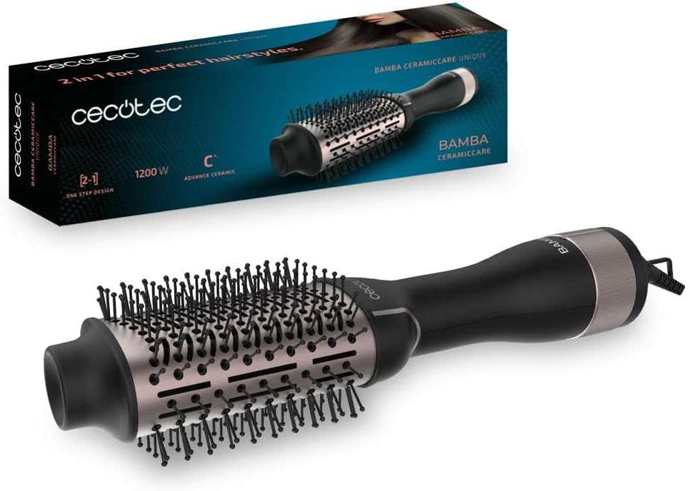 Cecotec Brosse à Air Volumisante Bamba CeramicCare Unique - 1200 W de Puissance, 2 en 1 : Sèche-cheveux et Styliseur, Revêtement Céramique, 2 Vitesses et 3 Températures, Fonction Air Froid Blanc