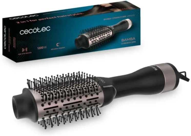 Cecotec Brosse à Air Volumisante Bamba CeramicCare Unique - 1200 W de Puissance, 2 en 1 : Sèche-cheveux et Styliseur, Revêtement Céramique, 2 Vitesses et 3 Températures, Fonction Air Froid Blanc