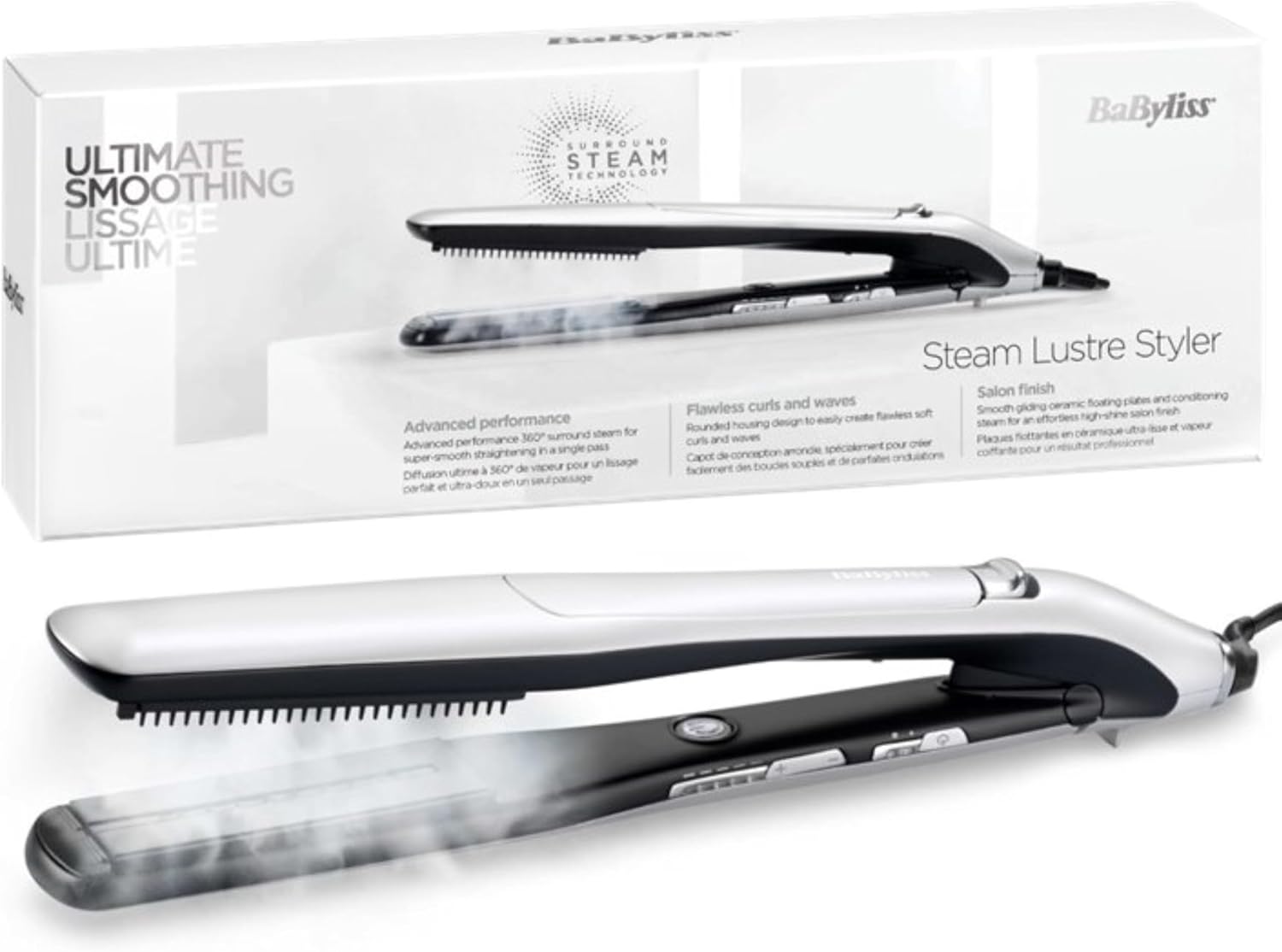 Lisseur Vapeur Lustre Steam, Technologie Advanced Ceramics, Pour tous les types e cheveux, Peigne lissant inclus, 5 températures de 170°C à 210°C, Protection des cheveux, ST595E