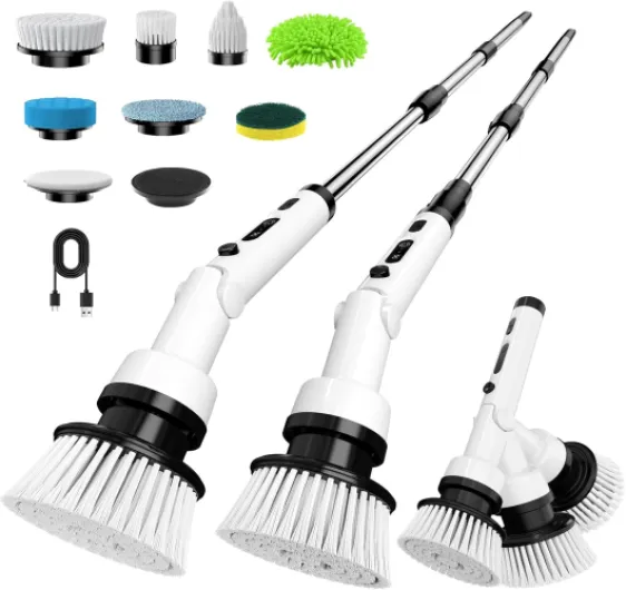 Brosse Nettoyage Electrique Rotative -Brosse de Nettoyage Electrique avec 8 Têtes, 3 Vitesses Manche Extensible Rechargeable Brosse Nettoyage pour Salle de Bain, Cuisine et Voiture Blanc