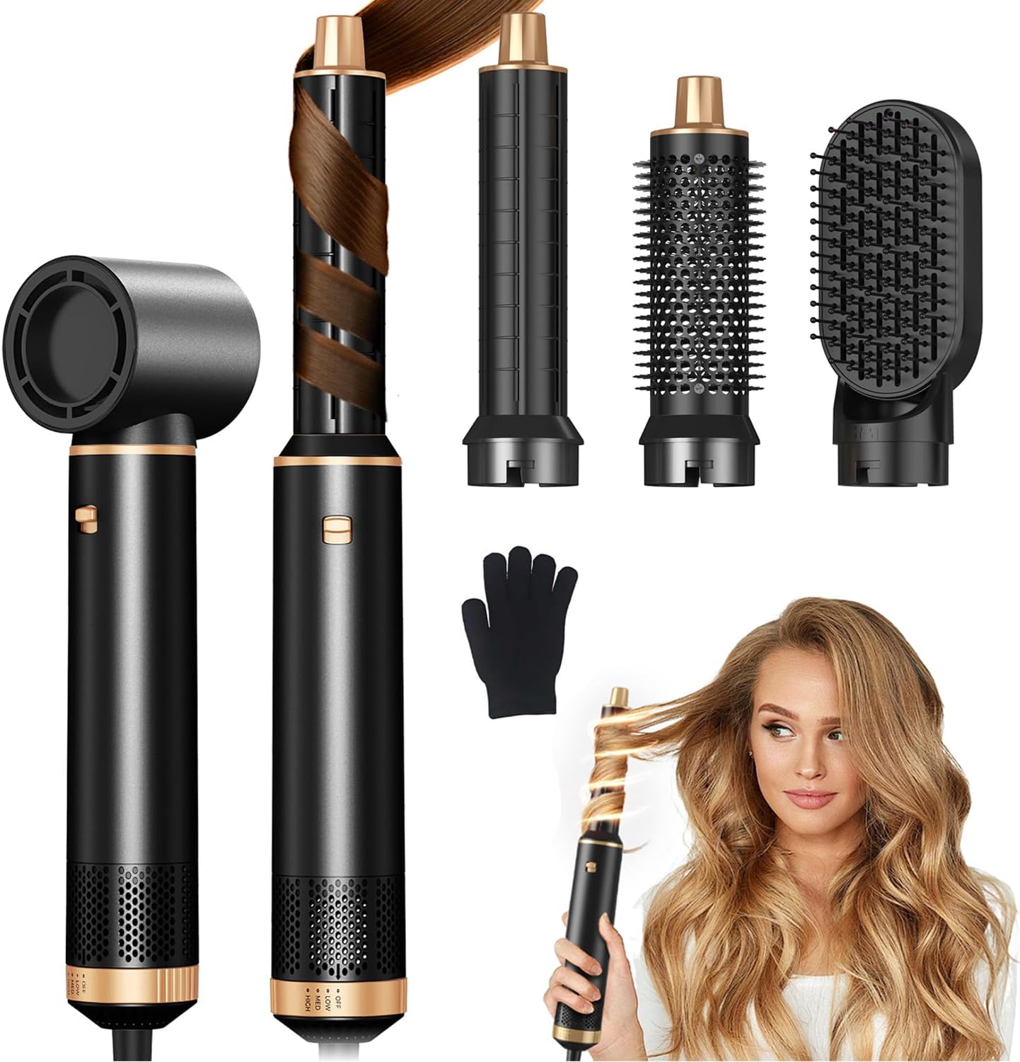 JINYAWA Seche Cheveux, Airbrush 5 en 1, Air Styler, Brosse Soufflante, Hair Styler, Brosses électriques et soufflantes, Brosse Coiffante, Brosse Lissante Pour Cheveux, 30mm Air Boucleur a Cheveux Noir et Or