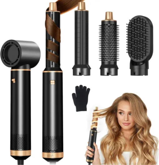 JINYAWA Seche Cheveux, Airbrush 5 en 1, Air Styler, Brosse Soufflante, Hair Styler, Brosses électriques et soufflantes, Brosse Coiffante, Brosse Lissante Pour Cheveux, 30mm Air Boucleur a Cheveux Noir et Or