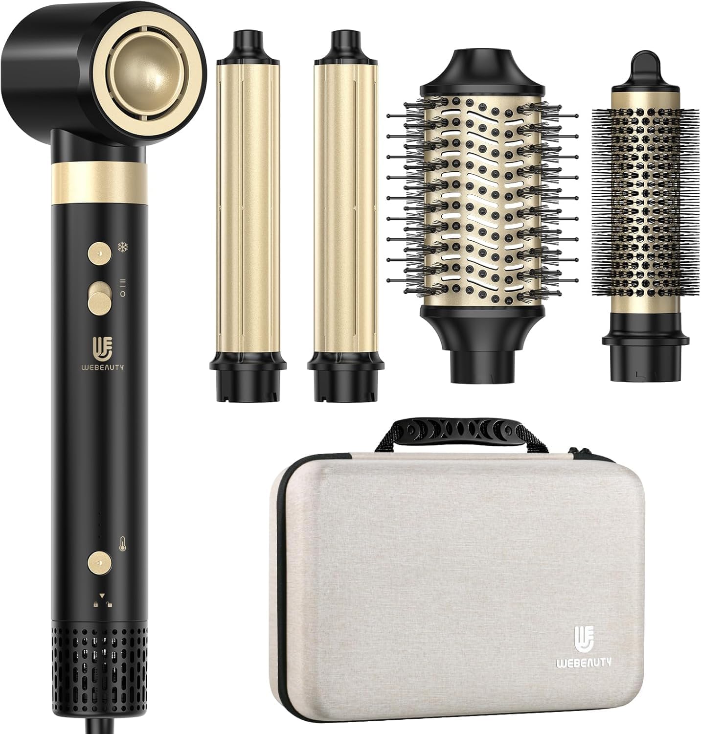Webeauty [Double Tension] 6in1 Hairstyler Nouvelle Mise à Jour,110,000TR/Min,30M/S,1400W Sèche Cheveux avec Brosse Soufflante,Brosse Chauffante,Boucleur Automatique,500 Millions d'ions Négatifs, Noir Noir-100-240v